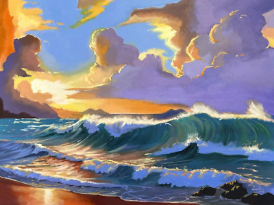 Original Strandszene Ölgemälde - Abstürzende Wellen und lebendiger Himmel Meereslandschaft