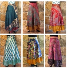 10 Pcs Wh Lot Silk Long Wrap Skirts Indian Handmade Vintage Boho Reversible Sari