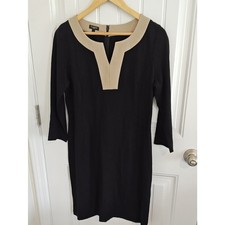 Talbots Black Shift Knee Length Knit Dress with Cream Trim V-Neck 8 Petite