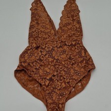 Free People Bodysuit Womens Small We Are HAH Comin' In HAHt Lace Brown Sugar