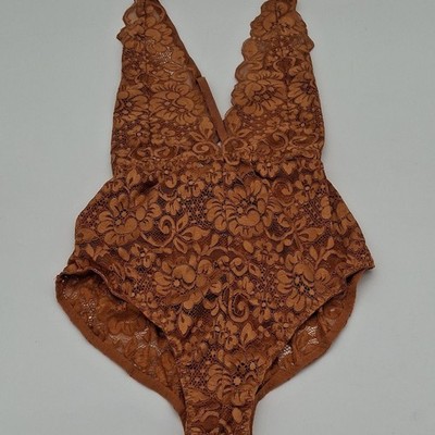 Free People Bodysuit Womens Small We Are HAH Comin' In HAHt Lace Brown Sugar
