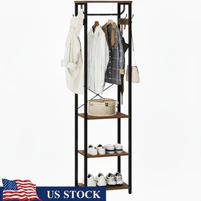 All-in-One Coat Rack Organizer W/ Shelves Hooks Hanging Rod Home Entryway New