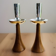 Pair Vintage MCM Danish Wood Chrome 9" Candlestick Holders Mid Century Modern