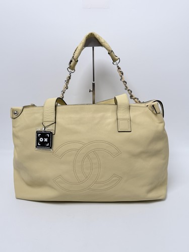 Chanel XL Soft Edgy Tote Bag Quilted Chain Leather Big CC Shoulder Purse Beige