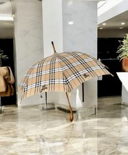 Vintage Burberry Umbrella Nova Check Tan Wooden Cane Curved Handle Made England