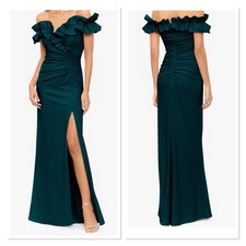 Xscape Green Ruffle Off the Shoulder Scuba Crepe Gown Size 10 $249