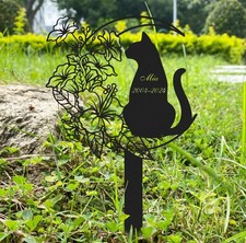 Custom Cat Moon  Flower Memorial Stake   Personalized Metal Grave Marker
