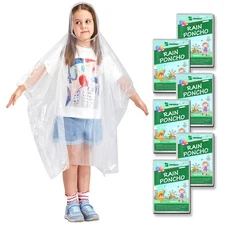 Kids Disposable Rain Ponchos 6 Pack - Waterproof Emergency Hooded Ponchos