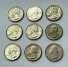 Washington Quarters 1934 Lot Of 9 90% Pure Silver Coins 1.6272 OZT of Silver.