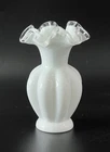 Vintage Fenton White Milk Glass Silver Crest Melon Bud Vase, Double Crimped 6” T