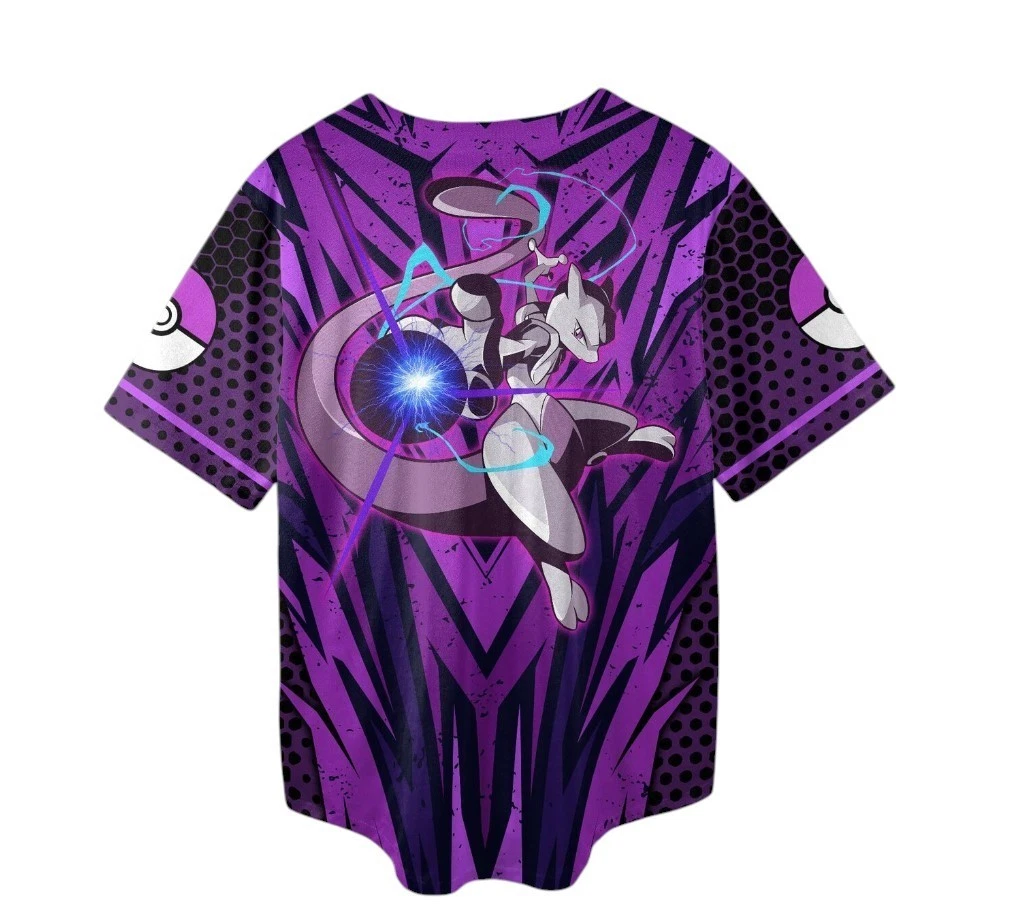 Mewtwo Baseball Jersey, Purple Graphic Button-Up Summer Top