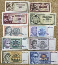 Lot of  10 Yugoslavia  banknotes, 1955-1993, free postage to all countries