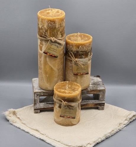 HANDMADE Rustic ROUND PILLARS CANDLES SET/3 Guava/ Dulce de Leche. 3"x9",6",4" - Afbeelding 5 van 11
