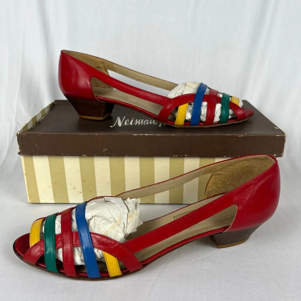 复古 80 年代 90 年代 Neiman Marcus 绑带低凉鞋高跟鞋 9N 红色皮革色块 — 第 2/4 张图片