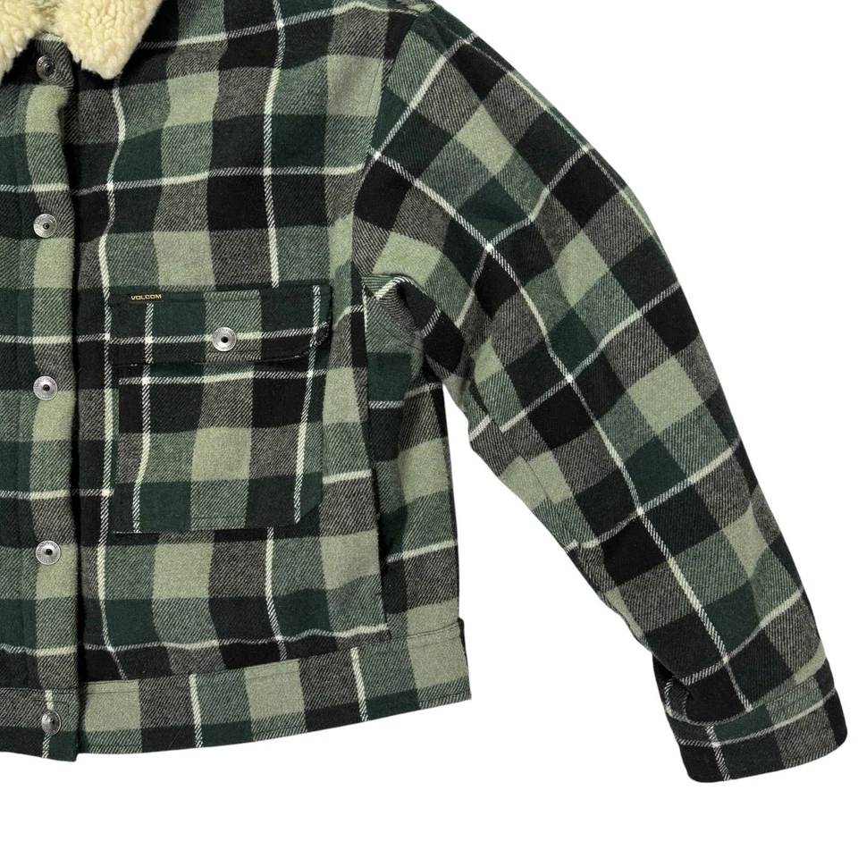 Volcom Womens Flannel Weaton Jacket Flannel Coat Sz Large Sherpa Green Black - Image 4 of 4