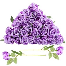 24 Pcs Lavender Rose Artificial Flowers with Long Stem  Real Touch Silk Plas...