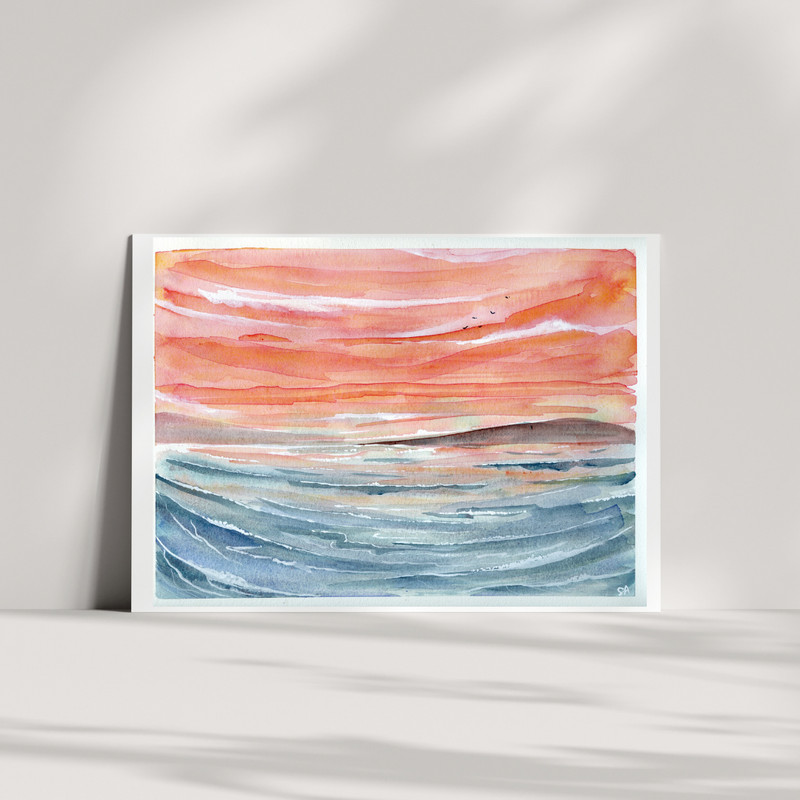ORIGINAL PAINTING OOAK  Sunset Over Waves #3 Ocean Seascape 9x12 inches