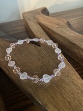 Frosted Heart Elastic Stretch Women’s Anklet With Silver And Glass Beads-Size 9