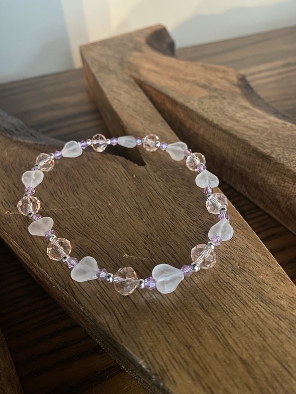 Frosted Heart Elastic Stretch Women’s Anklet With Silver And Glass Beads-Size 9