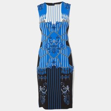 Versace Collection Blue Chain Print Crepe Sleeveless Dress S