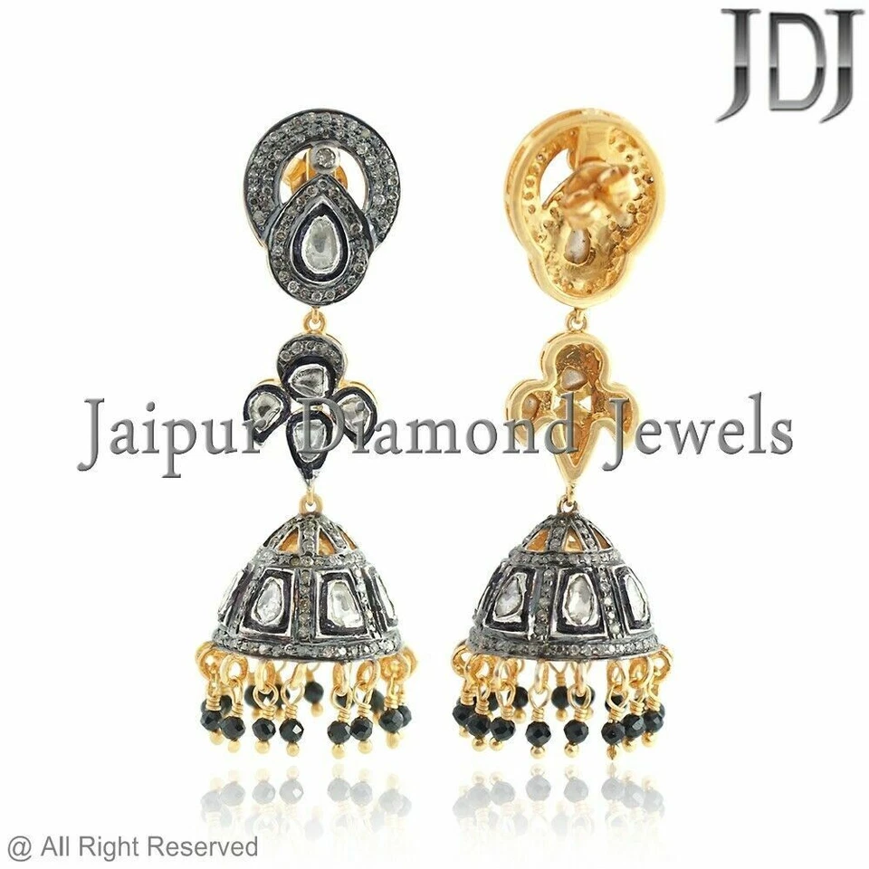 Natural Polki Pave Diamond Earrings 14K Gold Handmade Silver Jewelry Earring - Image 4 of 4