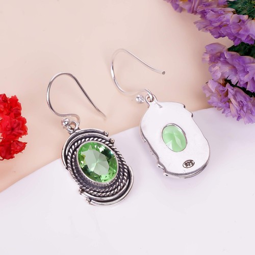 Green Amethyst Gemstone 925 Sterling Silver Jewelry Earring, Birthday Gift - Picture 4 of 4