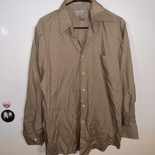 Mens Van Heusen Light Brown Fitted Button Down sz 16 32/33 long sleeve