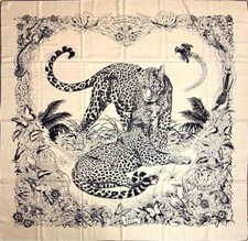 HERMES Carre 140 Cashmere Silk Shawl JUNGLE LOVE Beige/Black Rare Near Mint