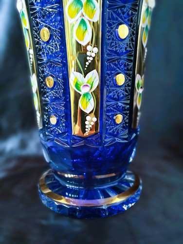 Cristal Bohemia Checo - Jarrón Cristal Azul Corte 26cm Decorado Oro y Esmalte - Imagen 2 de 4