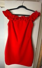 Red Mini Dress With Ruffled Off Shoulder Sleeve Medium