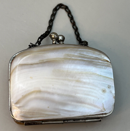 Antique Coin Purse Floral Mother of Pearl Abalone W/ Chain Souvenir Miniature