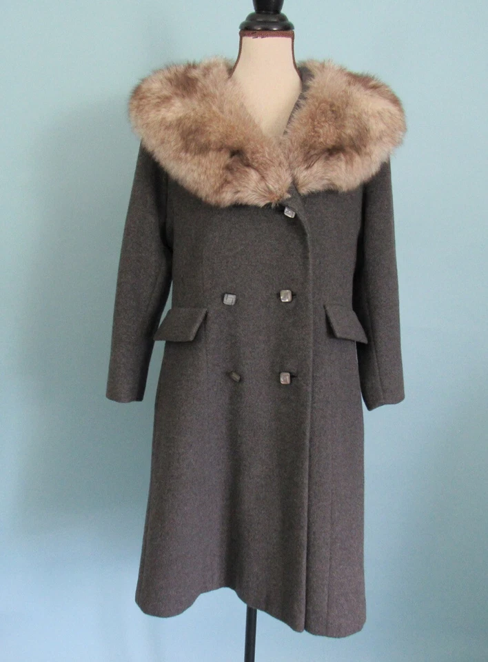 Talla: S Abrigo de lana gris cachemir con cuello de piel de zorro DE COLECCIÓN para mujer Foto 2 de 4