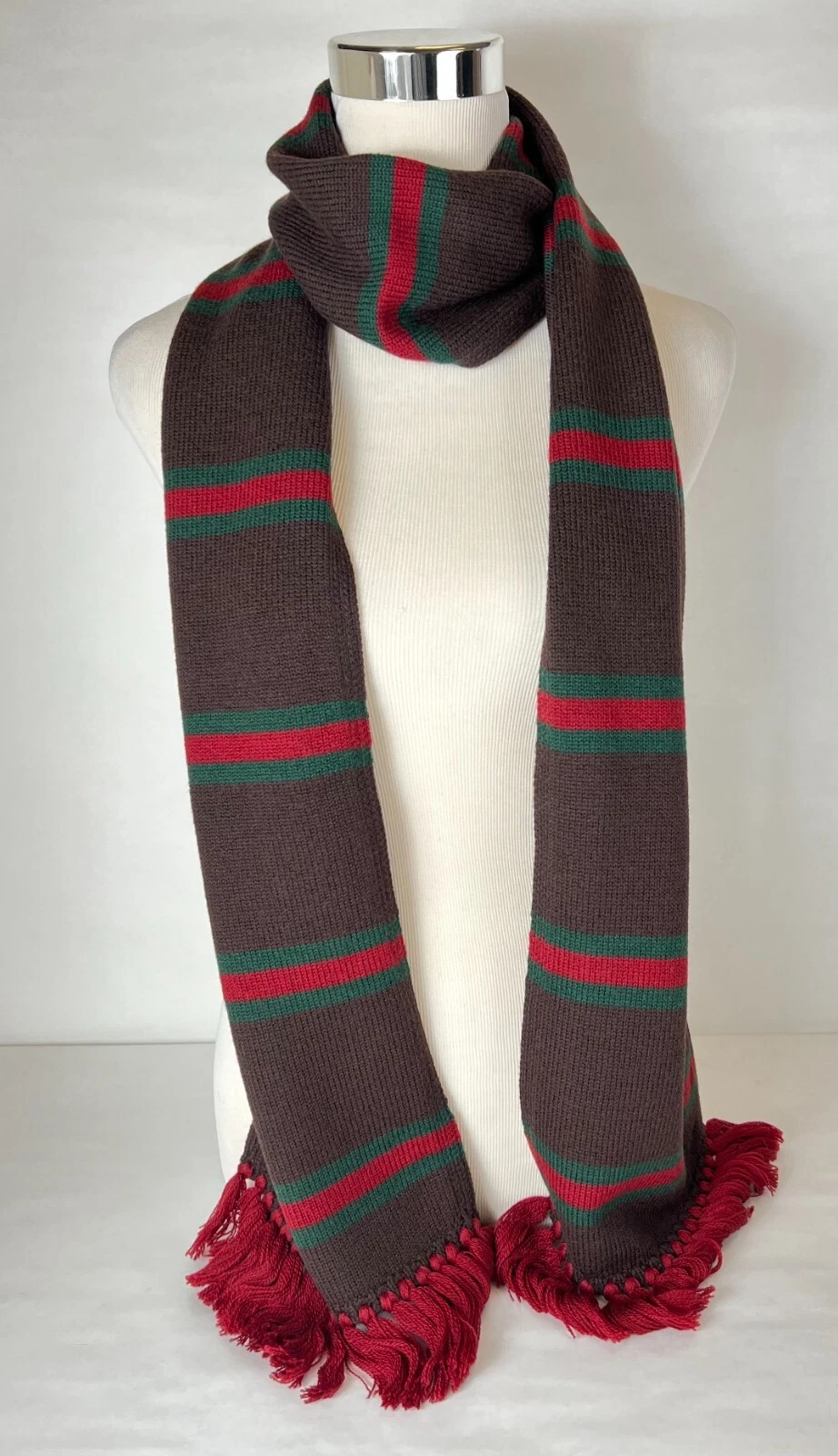 Écharpe longue Gucci unisexe laine marron foncé GRG Web Hopkins 347983 2166
