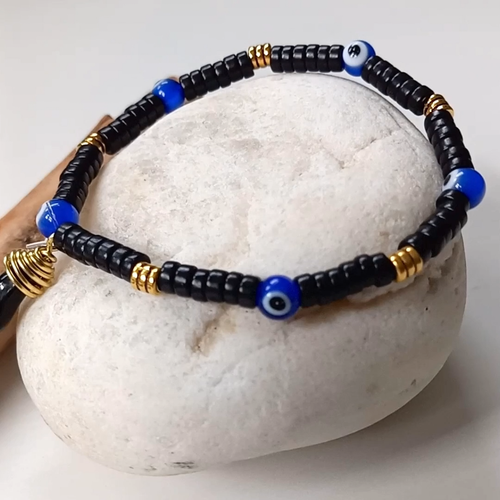Blue Mal De Ojo Bracelet, Azul, Mano Negra Azabache, Gold, Luck Proteccion, Bebe - Video 1 of 1