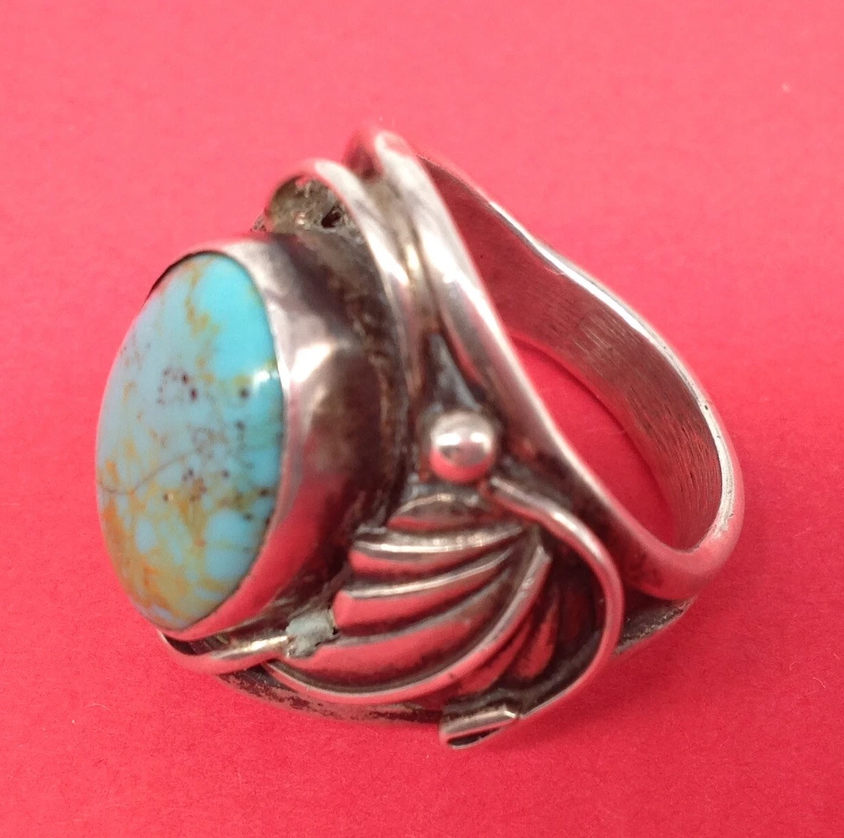 Sterling Silver Ring Turquoise 925 C 88 Leaves Blue 12.6 Grams