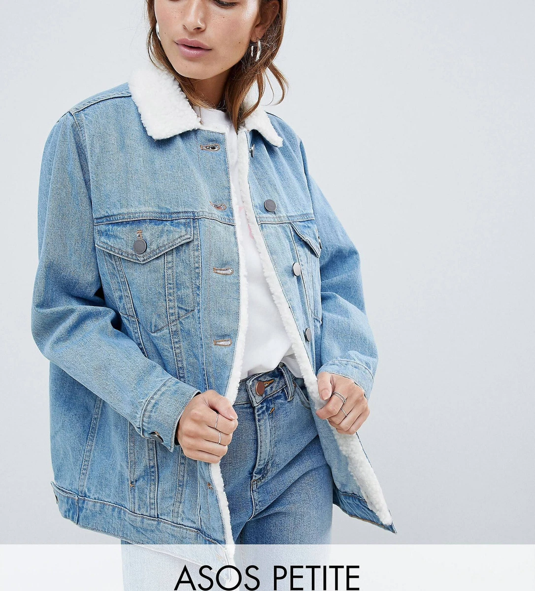 ASOS DESIGN Petite Denim Jacket With Fleece Collar In Midwash Blue