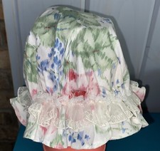 Vintage Bonnet Hat Pink  Green Floral Lace Trim Baby Girl 24 Month