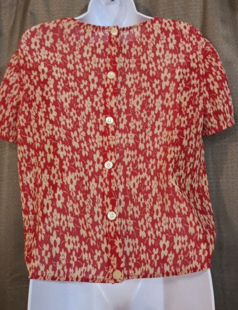 Chemisier Haut Madewell Taille S Occasion - Manches Cloche, Motif Floral Rouge, Nouage Devant