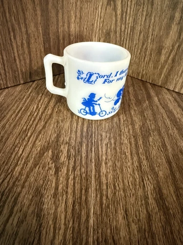Vintage Hazel Atlas Prayer “Lord, I thank” Blue White Coffee Child’s Mug Cup