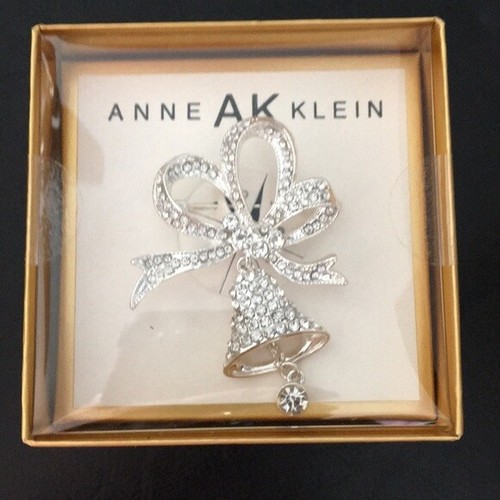 New Anne Klein Xmas Ribbons and Bell Glitzy X-mas Brooche Pin Holiday Gift