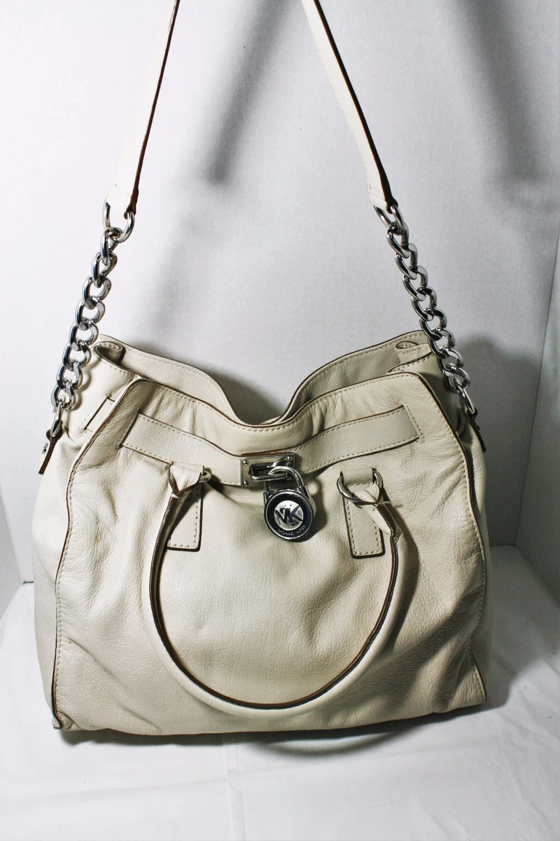 MICHAEL KORS HAMILTON LARGE TOTE BAG VANILLA LEATHER HANDBAG SILVER HARDWARE