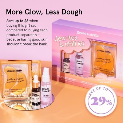VEGAN Dew-Tox Chill GIFT SET: Gold Eye Masks Hyaluronic Acid Serum & Rose Spray