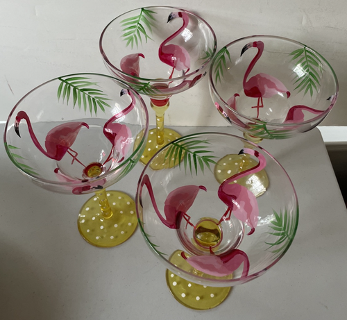 Set of 4 Hand-Painted Pink Flamingo Margarita Glasses Glassware Barware Party - Picture 2 of 7