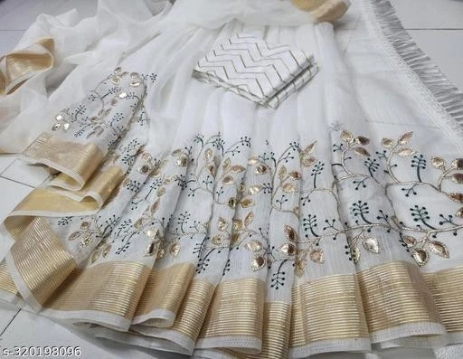 Women's COTTON WHITE Embroidered Saree with Blouse - Image 3 of 4