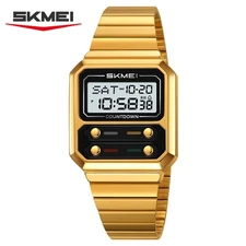 SKMEI Men Rectangle Watch Alarm Digital Wristwatch Fashion Male Gold Steel Watch