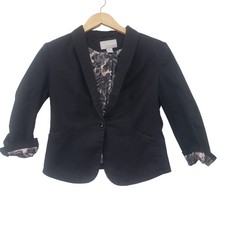 H M Blazer Size 8 Black Floral 3/4 Sleeve Cotton Stretch Academia Chic Office