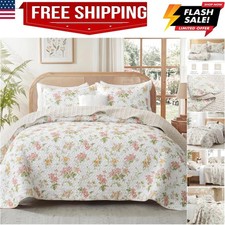 Floral Quilt King Size, Faint Yellow King Size Quilt Bedding Set with Pink Li...
