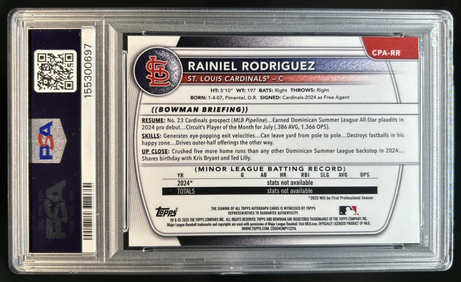 2025 Bowman Chrome Rainiel Rodriguez Auto Gold Refractor 1st Prospect #/50 PSA 9 view 2
