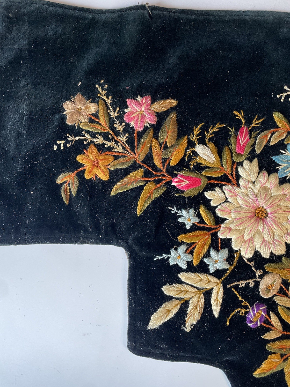 Pair of Antique 19th C. Hand Stitched Embroidered Black Velvet Panels Victorian