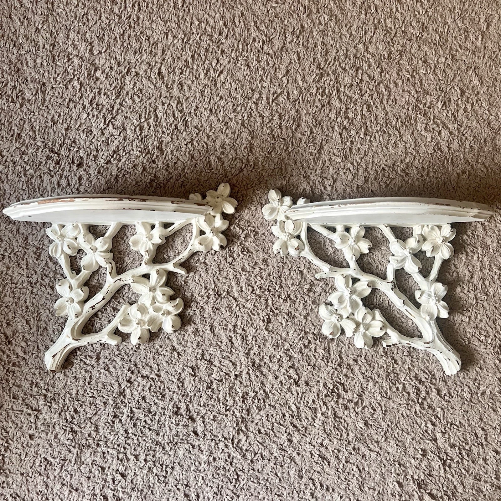 White Washed Chippy Floral Wooden Wall Shelves Carved Country Cottage Vintage!